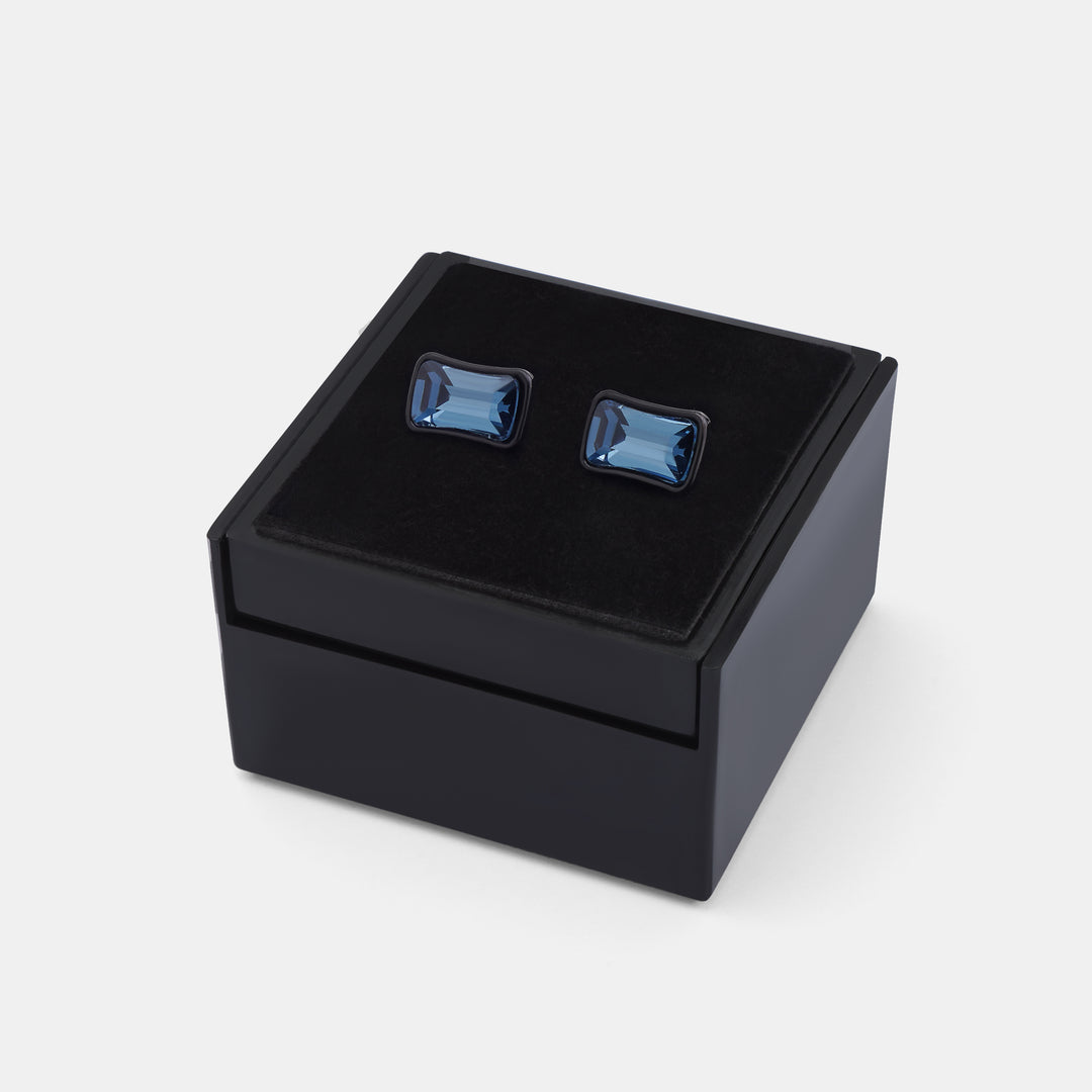 Black Rectangnle Cufflink With Blue Stone - Turkish made