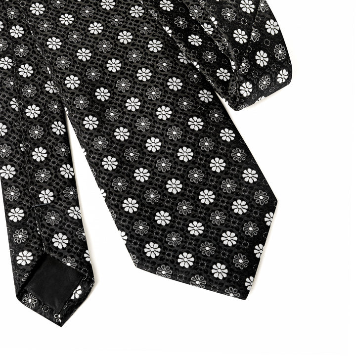Black Tie with White Floral Pattern - Turkish made