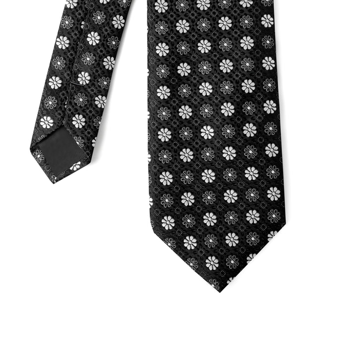 Black Tie with White Floral Pattern - Turkish made