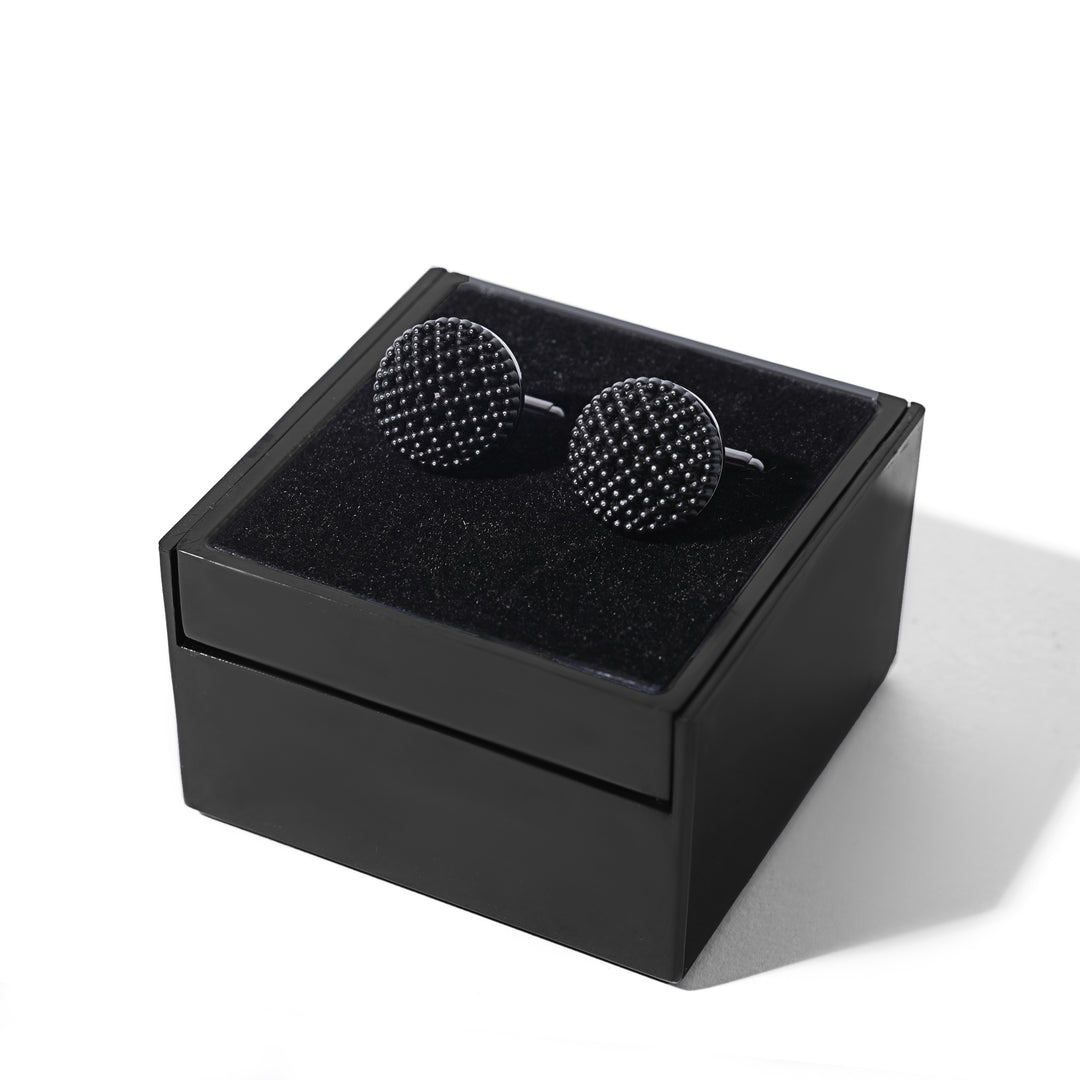 Black circular cufflink with inner texture - Turkish Made
