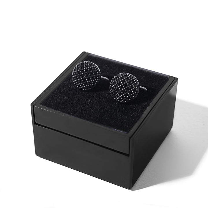 Black circular cufflink with inner texture - Turkish Made