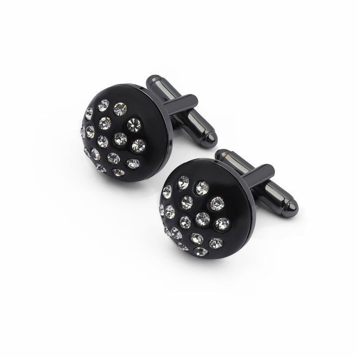 Black circular cufflink with silver strass - Turkish made