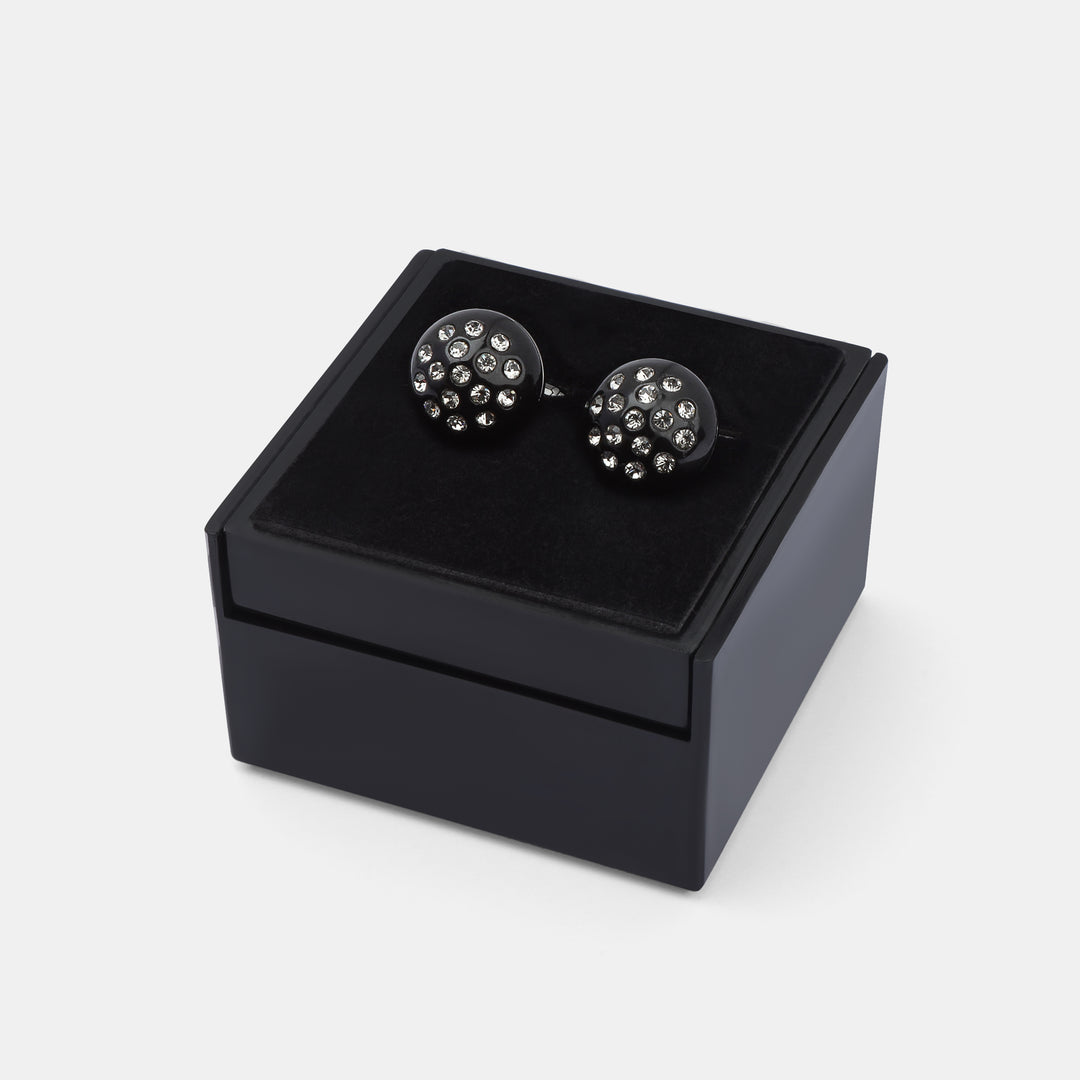 Black circular cufflink with silver strass - Turkish made