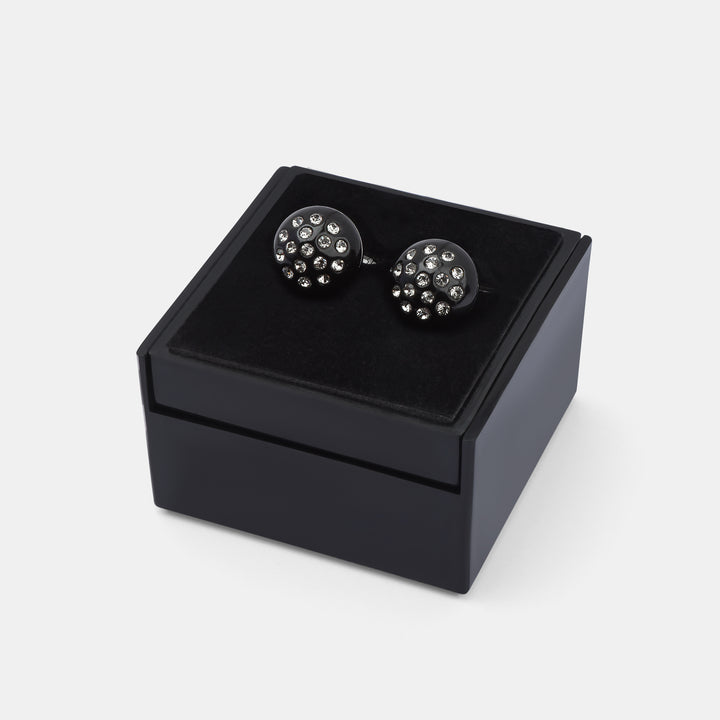 Black circular cufflink with silver strass - Turkish made