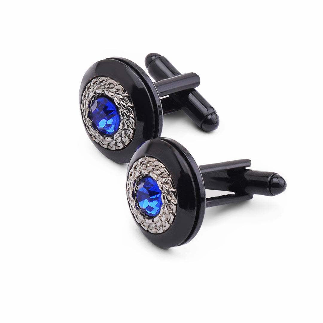 Dark gray circular cufflink with blue stone - Turkish made