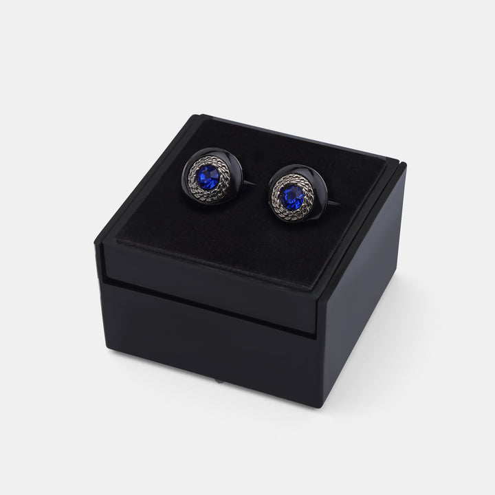 Dark gray circular cufflink with blue stone - Turkish made