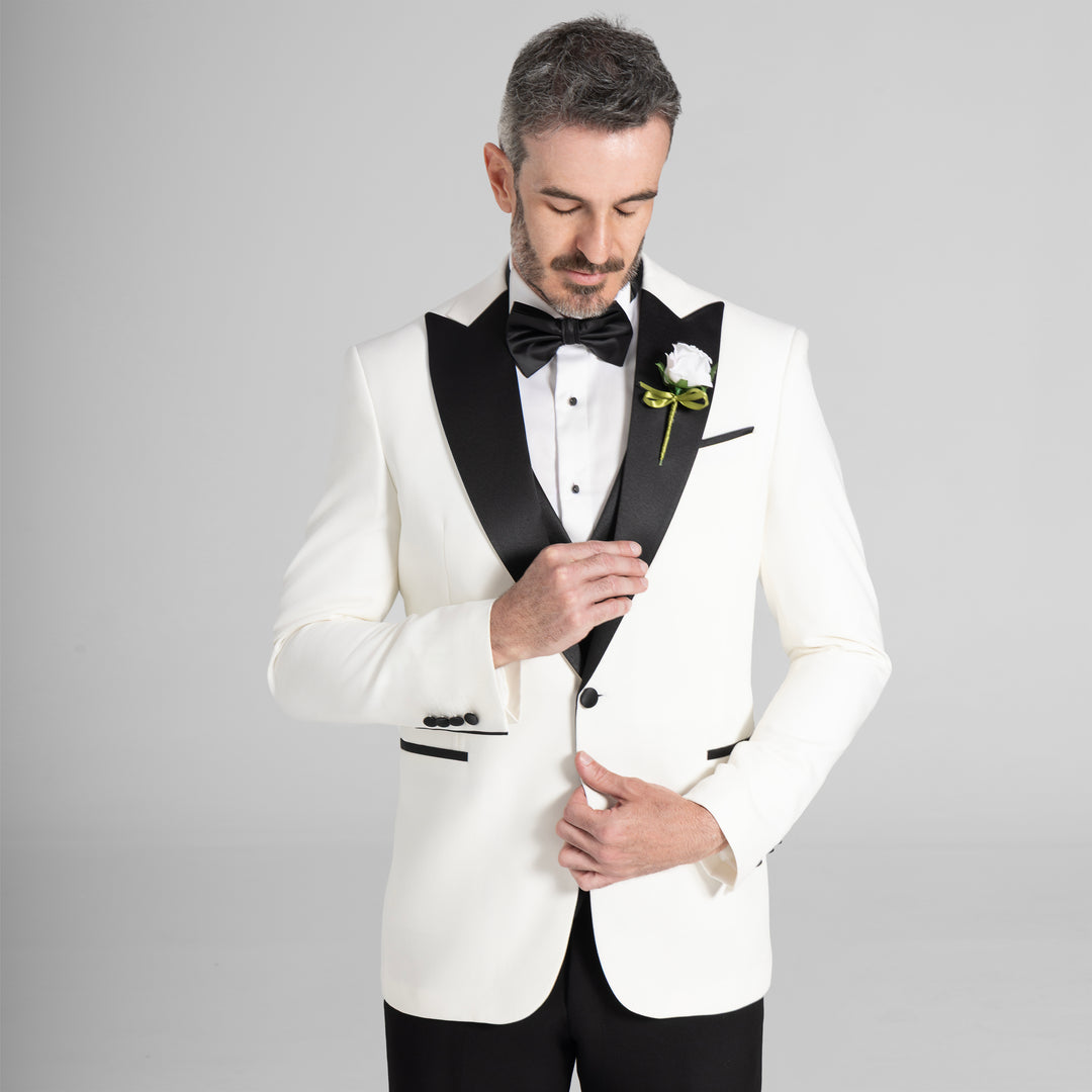 Slim Fit Off White Wedding Suit - Satin Peak Lapel-Turkish Made