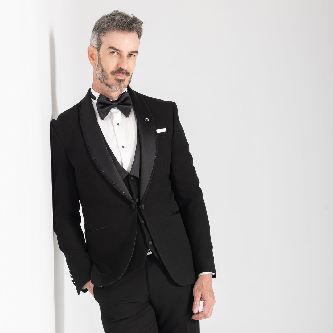 Slim Fit Black Tuxedo Suit-Satin Shawl lapel -Turkish Made