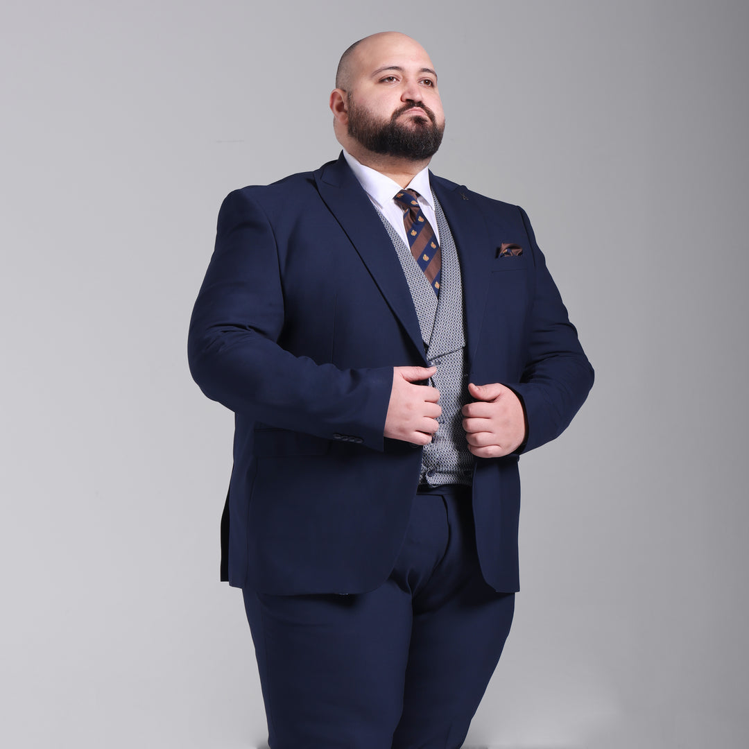 Plus Size Navy Smart Suit - Three Pieces-Turkish Made