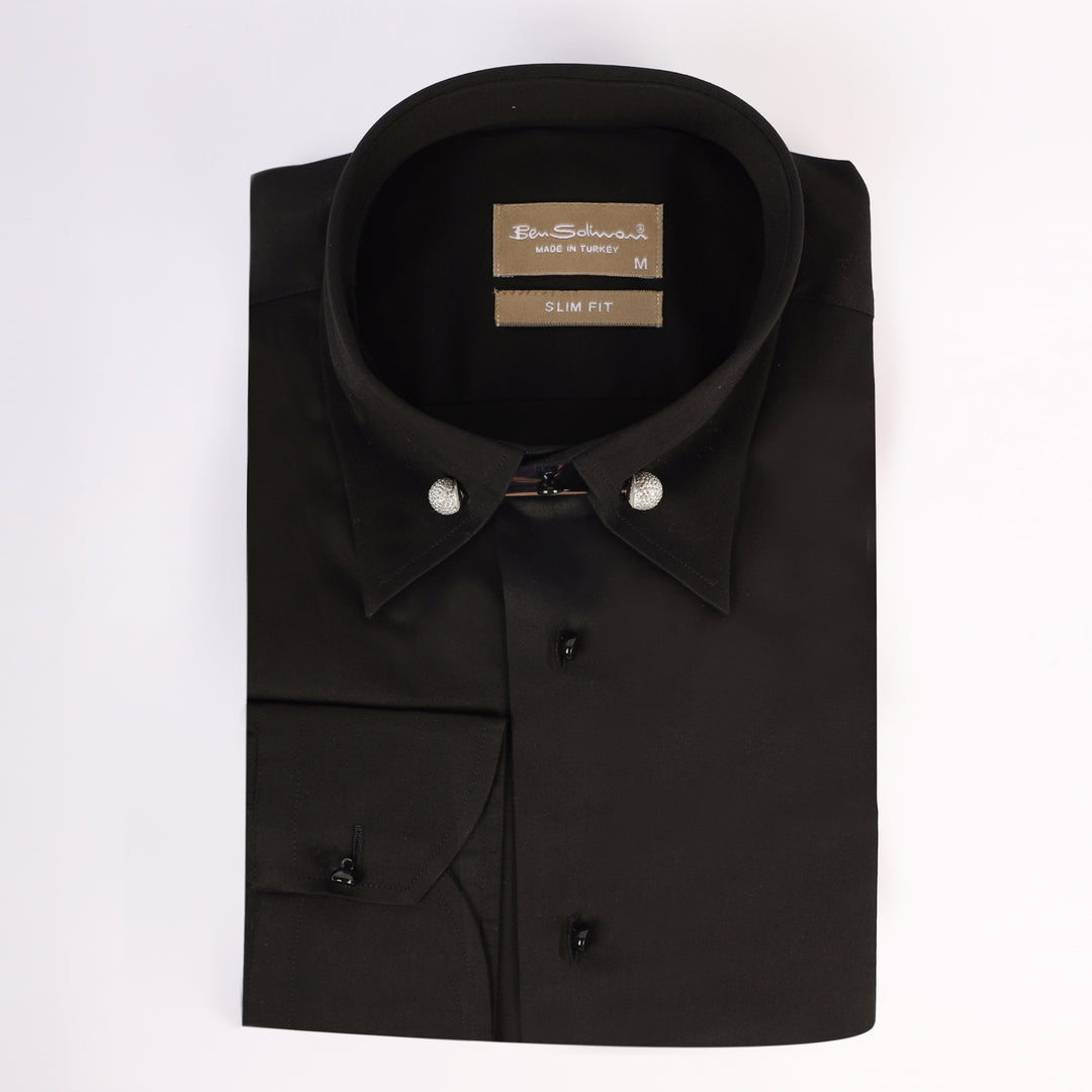 Slim Fit Black Cotton Shirt - Silver Pin Collar-Turkish Made