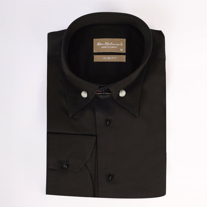 Slim Fit Black Cotton Shirt - Silver Pin Collar-Turkish Made