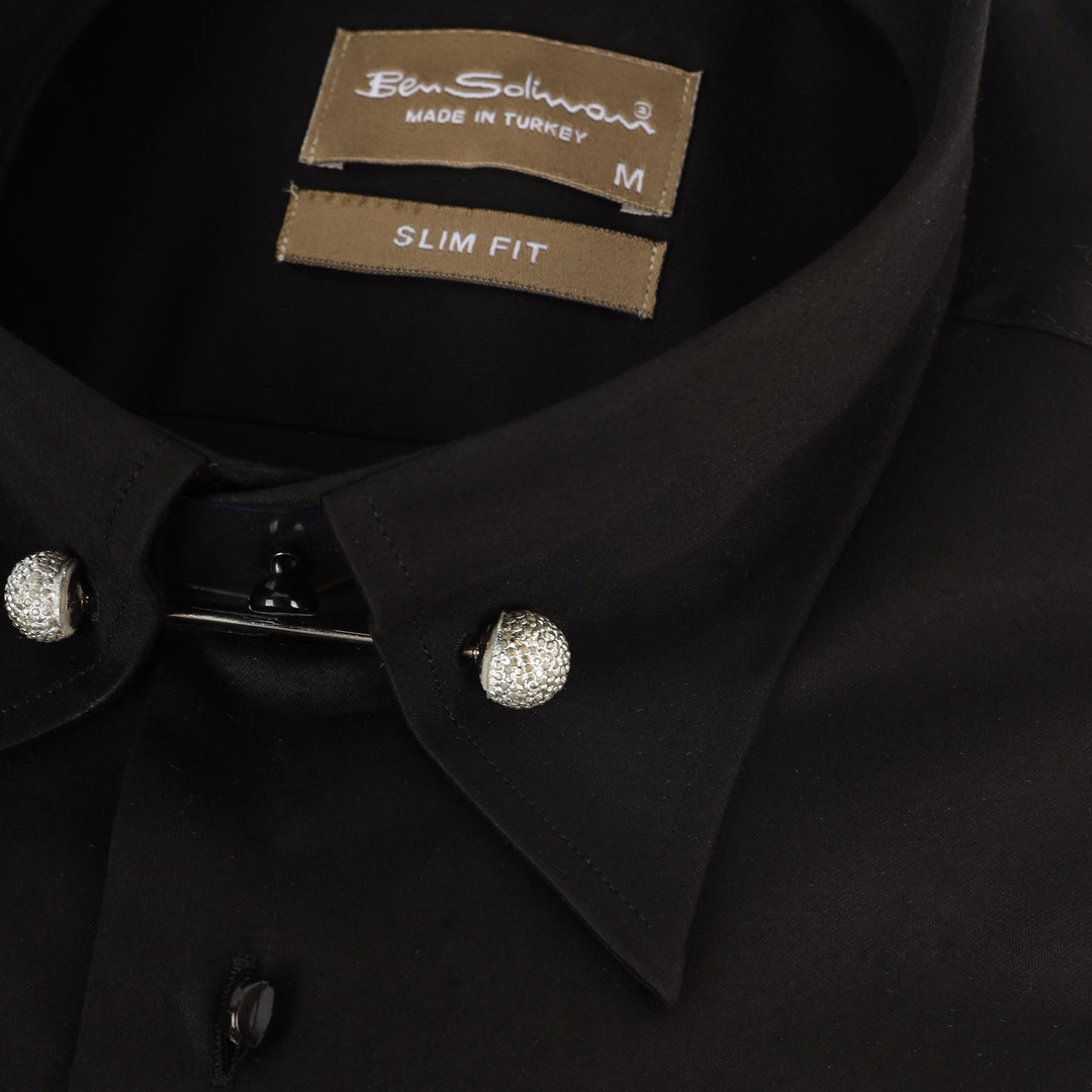 Slim Fit Black Cotton Shirt - Silver Pin Collar-Turkish Made
