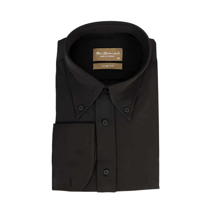 Slim Fit Black Formal Stretch Shirt - Long Collar-Turkish Made