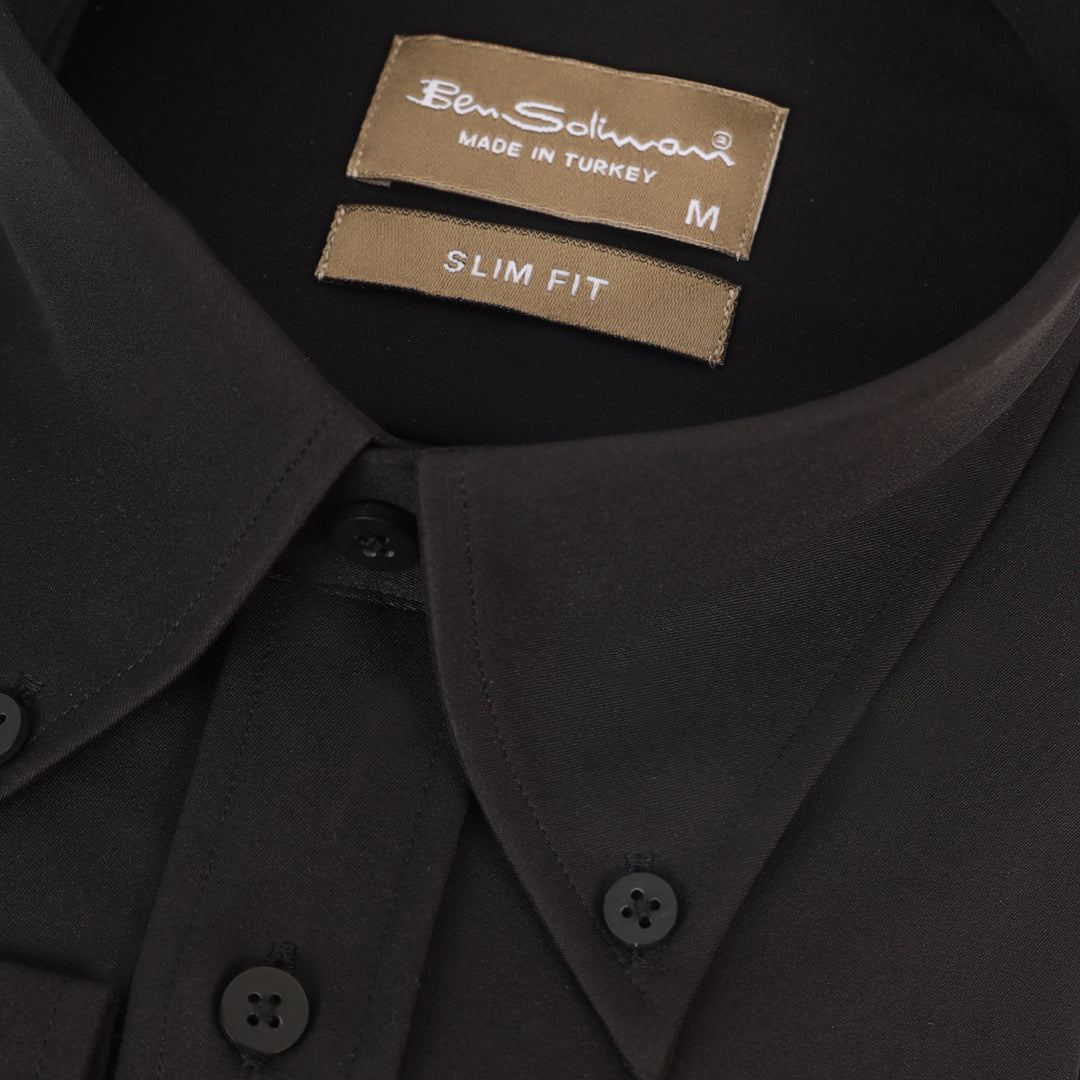 Slim Fit Black Formal Stretch Shirt - Long Collar-Turkish Made