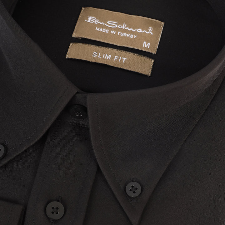 Slim Fit Black Formal Stretch Shirt - Long Collar-Turkish Made