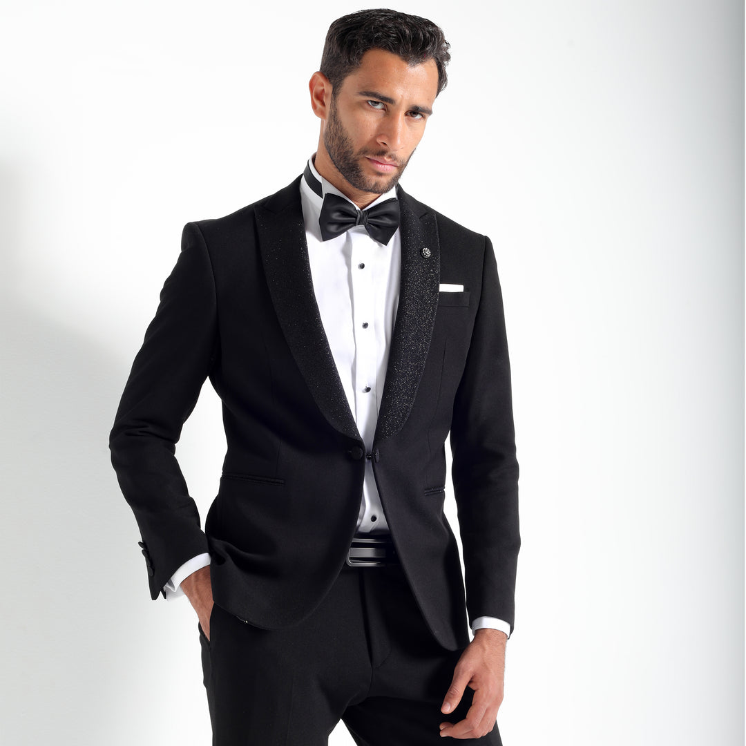 Slim Fit Black Wedding Suit - Notch Lapel Full Of Glitter-Turkish Made