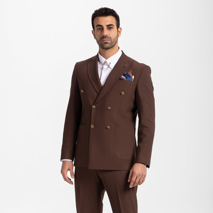 Slim Fit Brown Double Breasted Smart Suit-Turkish Made