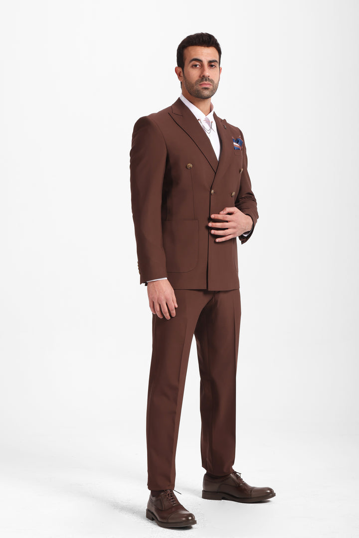 Slim Fit Brown Double Breasted Smart Suit-Turkish Made