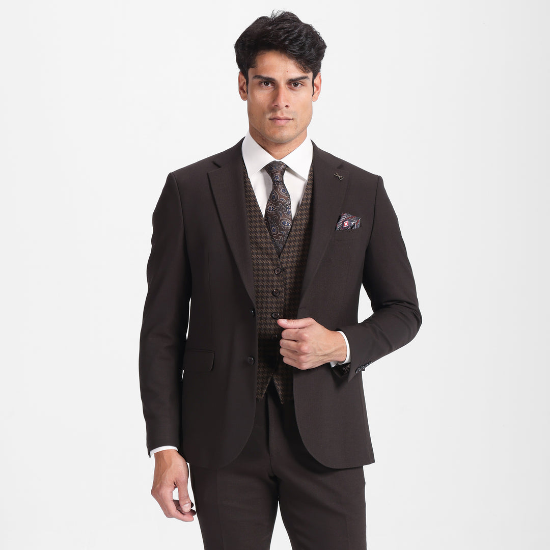 Slim Fit Brown Formal Suit- Vest Double Face - Turkish Made