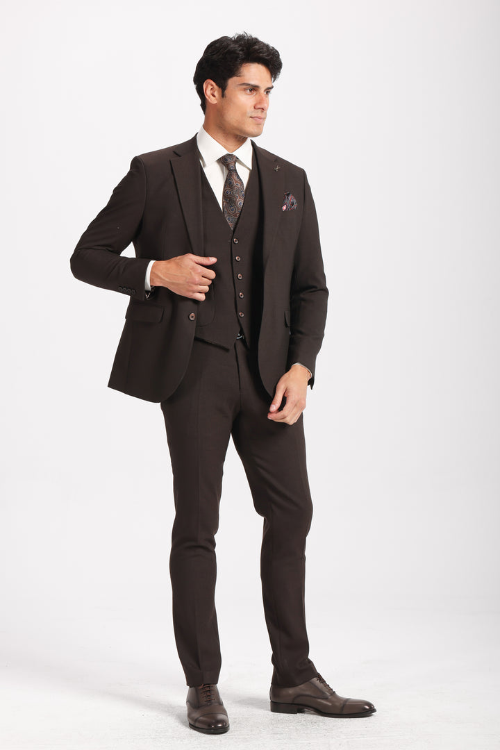 Slim Fit Brown Formal Suit- Vest Double Face - Turkish Made