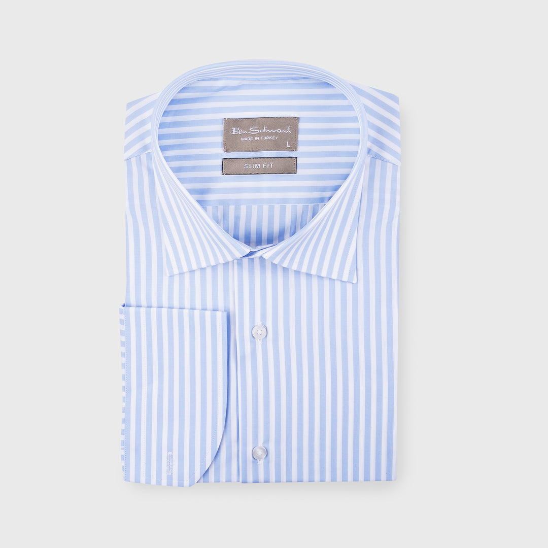 Slim Fit Cotton Shirt - Pinstipes Light Blue - Turkish Made