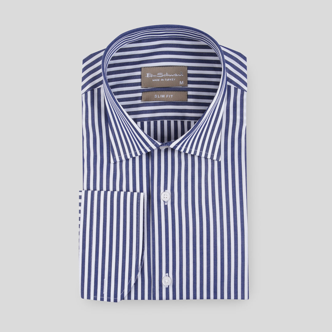 Slim Fit Cotton Shirt - Pinstipes Navy - Turkish Made