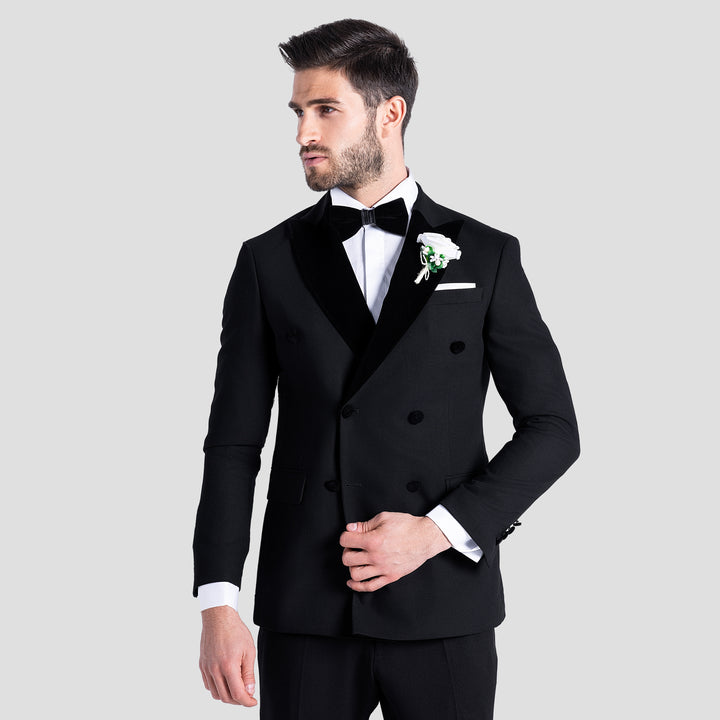 Slim Fit Double Breasted Black Wedding Suit - Notch Velvet Lapel-Turkish Made