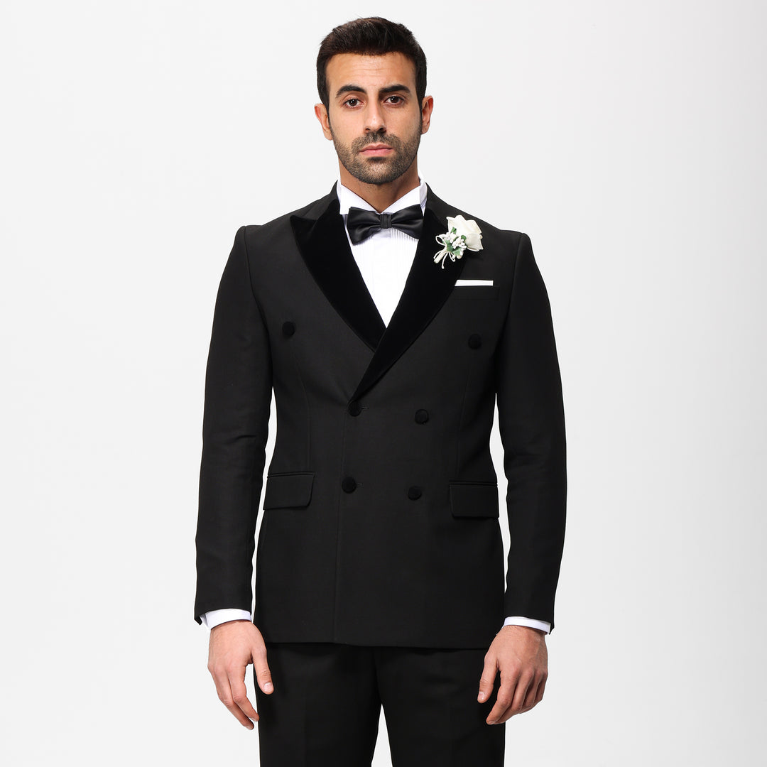 Slim Fit Double Breasted Black Wedding Suit - Notch Velvet Lapel-Turkish Made