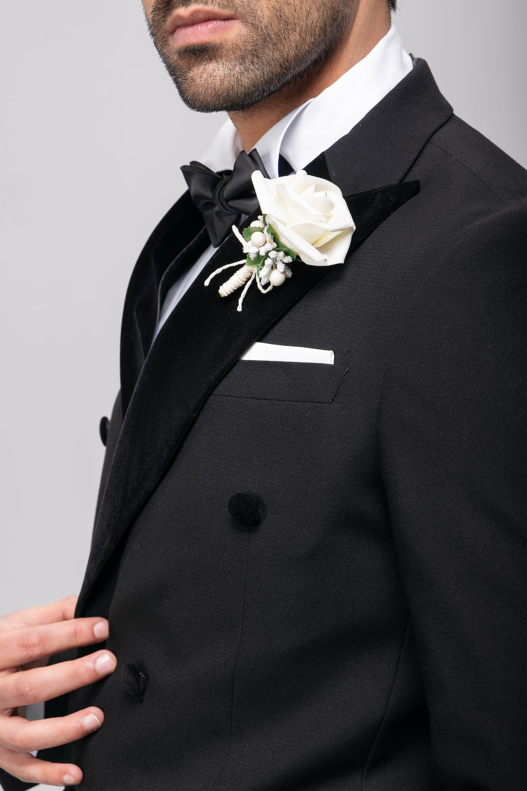 Slim Fit Double Breasted Black Wedding Suit - Notch Velvet Lapel-Turkish Made