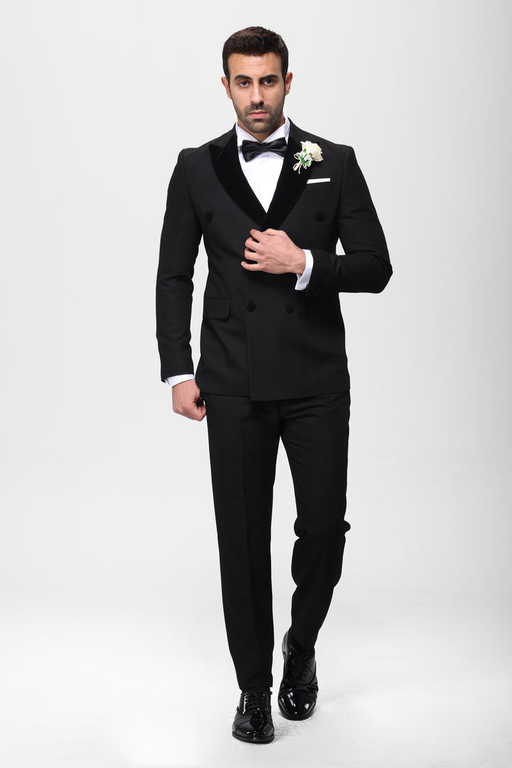 Slim Fit Double Breasted Black Wedding Suit - Notch Velvet Lapel-Turkish Made