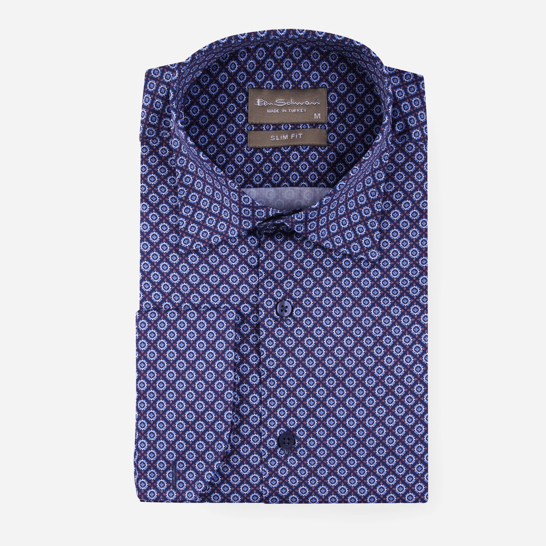Slim Fit Navy Cotton Shirt -Chain Pattern-Turkish Made