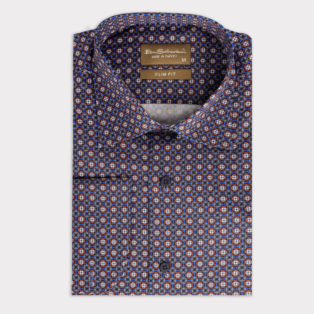 Slim Fit Navy Cotton Shirt - Chain Pattern-Turkish Made