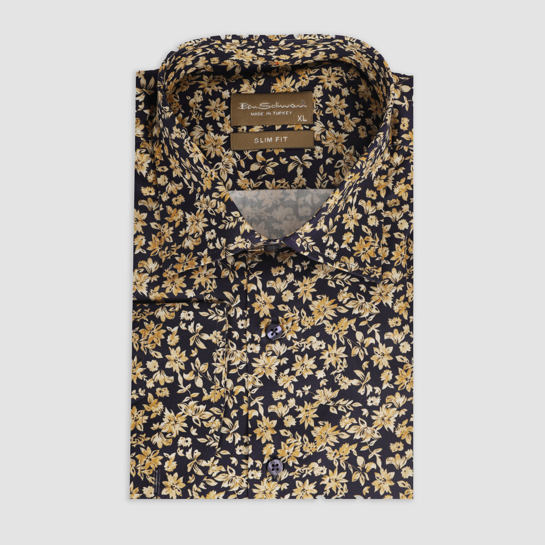 Slim Fit Navy Cotton Shirt - Floral Pattern-Turkish Made