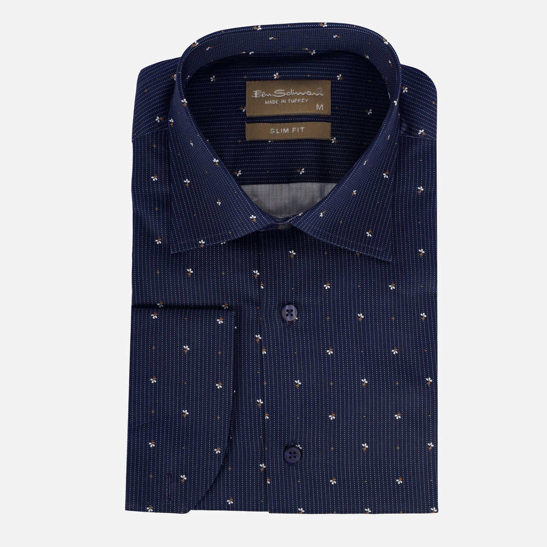 Slim Fit Navy Cotton Shirt - Pattern-Turkish Made