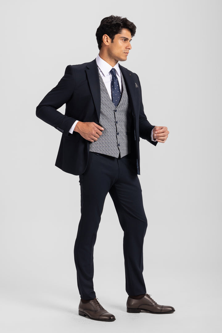 Slim Fit Navy Formal Suit - Vest double face  - Turkish made