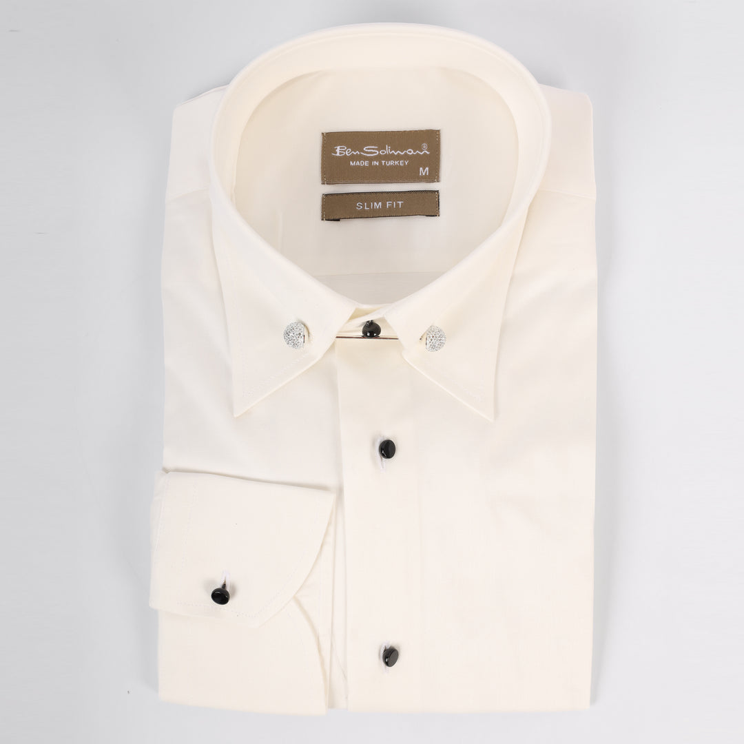 Slim Fit Off White Cotton Shirt - Silver Pin Collar-Turkish Made