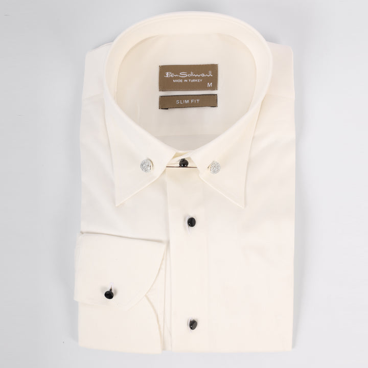 Slim Fit Off White Cotton Shirt - Silver Pin Collar-Turkish Made