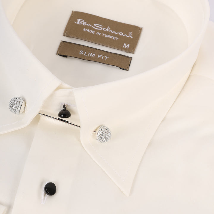 Slim Fit Off White Cotton Shirt - Silver Pin Collar-Turkish Made