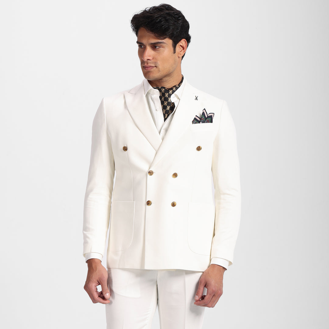 Slim Fit Off White Double Breasted Smart Suit-Turkish Made