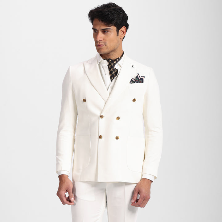 Slim Fit Off White Double Breasted Smart Suit-Turkish Made