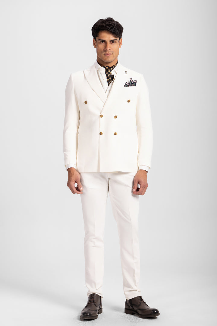 Slim Fit Off White Double Breasted Smart Suit-Turkish Made