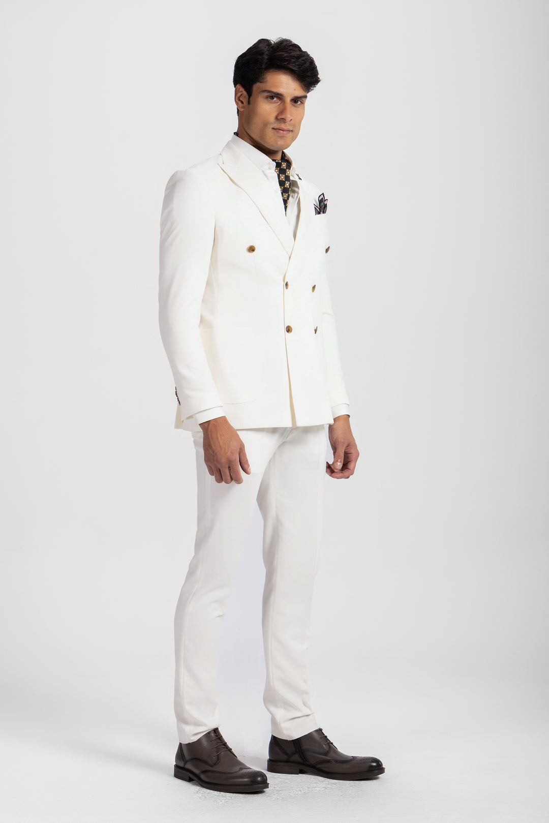 Slim Fit Off White Double Breasted Smart Suit-Turkish Made