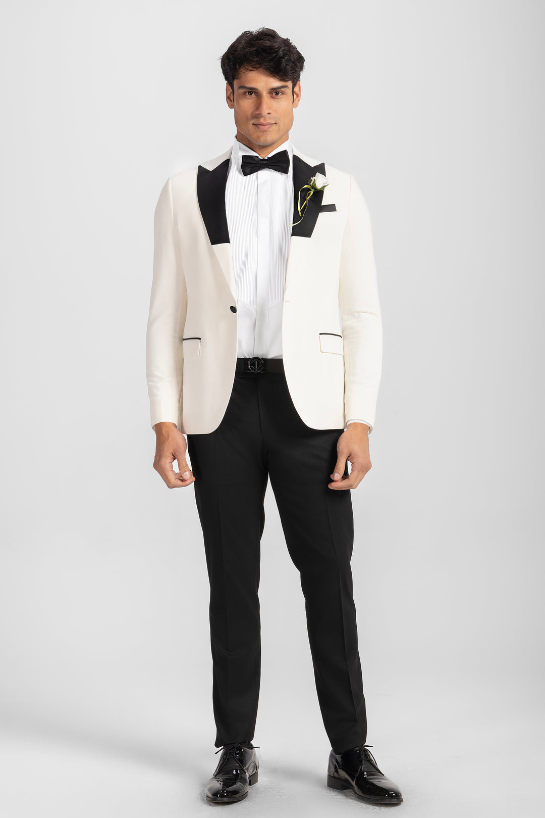Slim Fit Off White Wedding jacket - Black and White peak Lapel -Turkish Made
