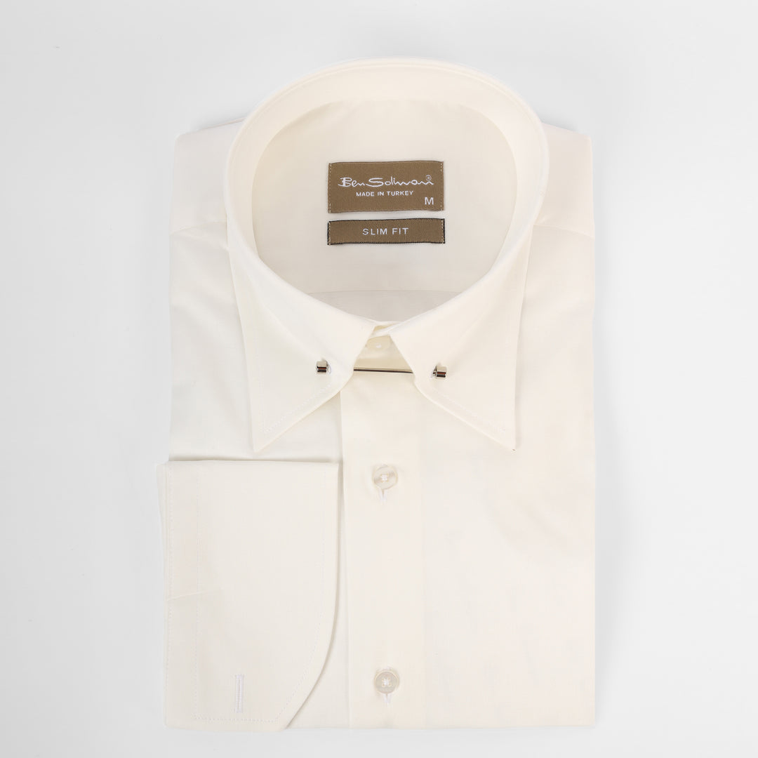 Slim Fit  Offwhite Cotton Shirt - lapel pin-Turkish Made