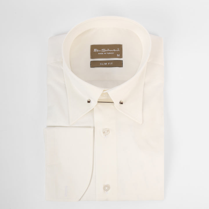 Slim Fit  Offwhite Cotton Shirt - lapel pin-Turkish Made