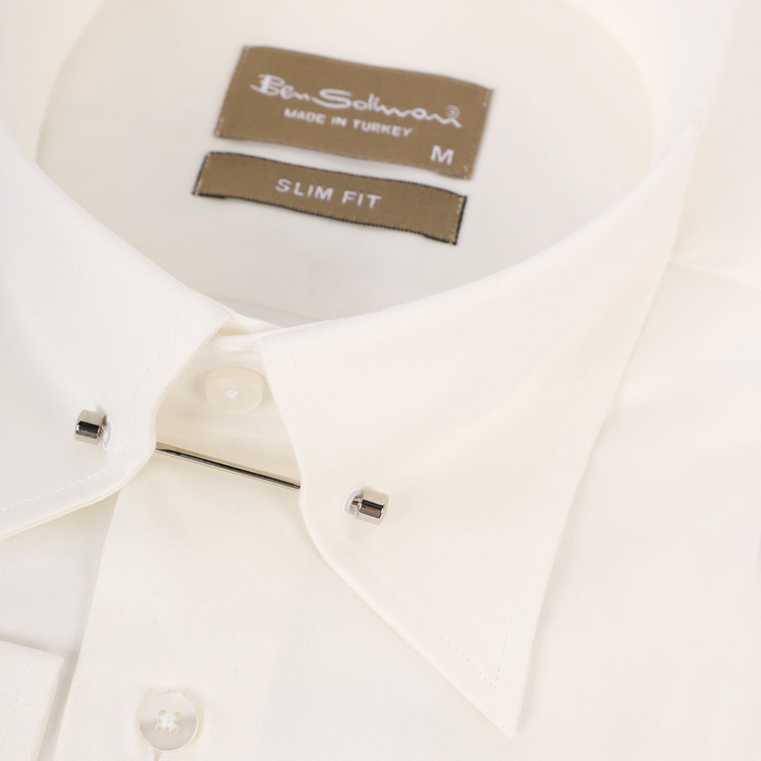 Slim Fit  Offwhite Cotton Shirt - lapel pin-Turkish Made