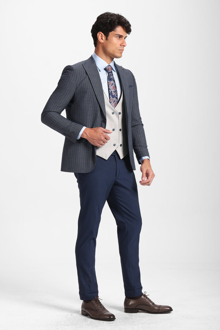 Slim Fit Smart Suit - Gray Vest-Turkish Made