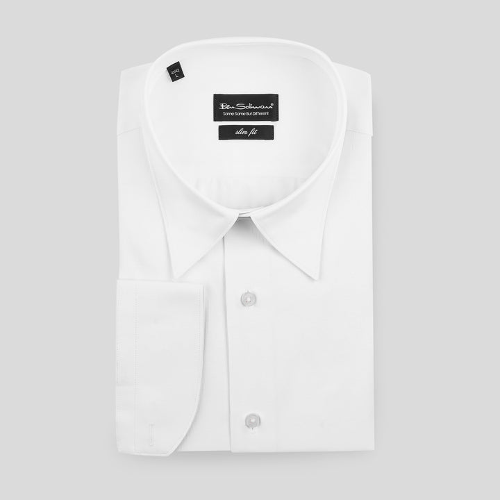 Slim Fit White Cotton Shirt - Classic Collar-Turkish Made