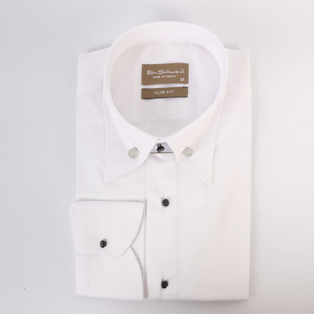 Slim Fit White Cotton Shirt - Silver Pin Collar-Turkish Made