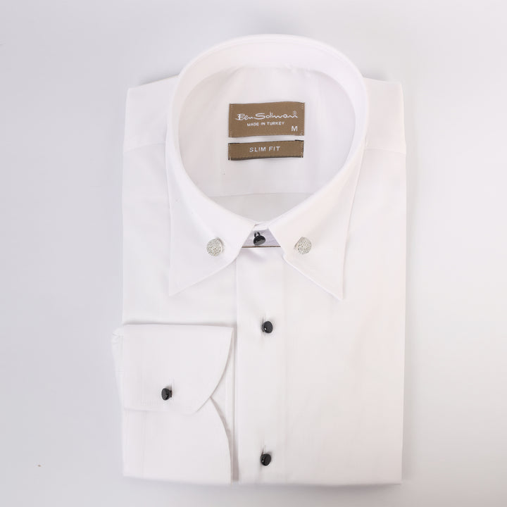 Slim Fit White Cotton Shirt - Silver Pin Collar-Turkish Made